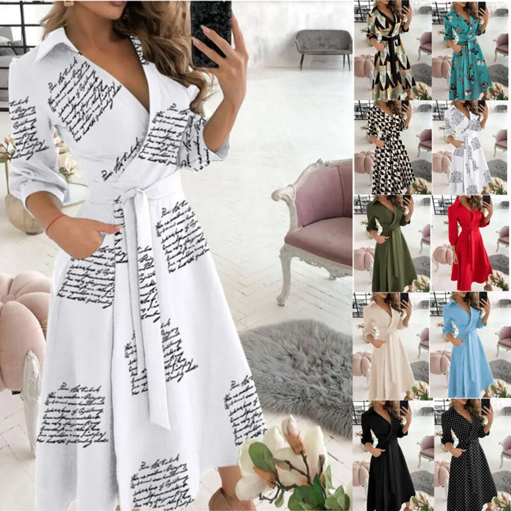 Designer maxi vestidos para mulheres v pescoço de camisa longa cadeia estampa de lapela colo de festa vestido de festa casual manga longa primavera e damas de verão de longa saia de comprimento completo