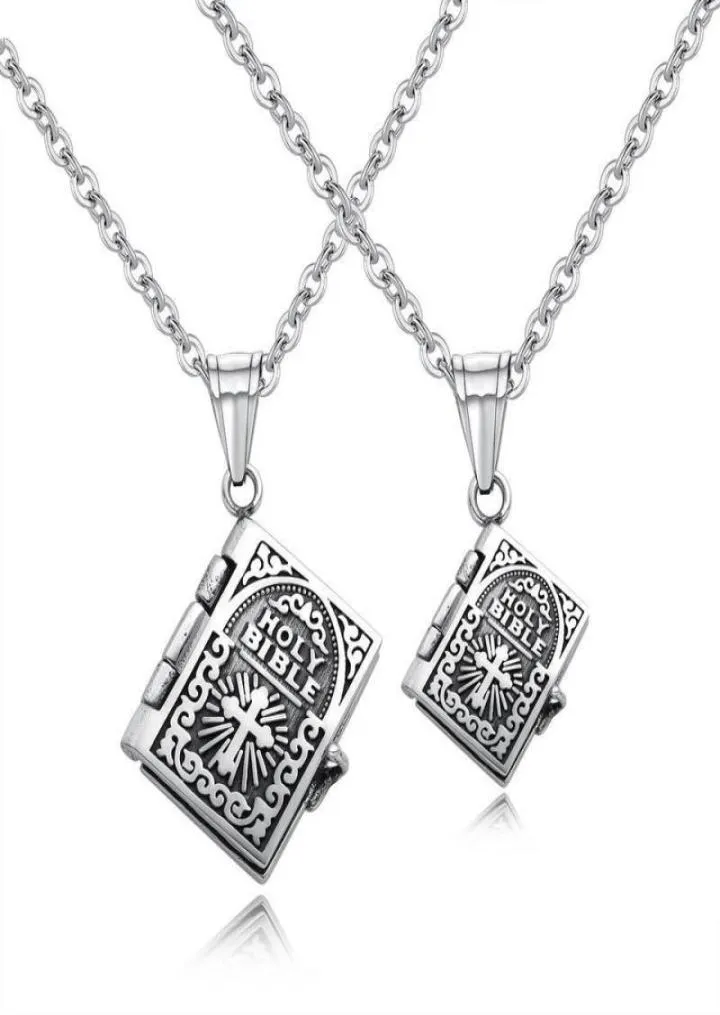 Pendant Necklaces Vintage Punk Holy Bible Necklace For Men Women Can Open Silver Color 316L Titanium Steel Prayer Jewelry6643245