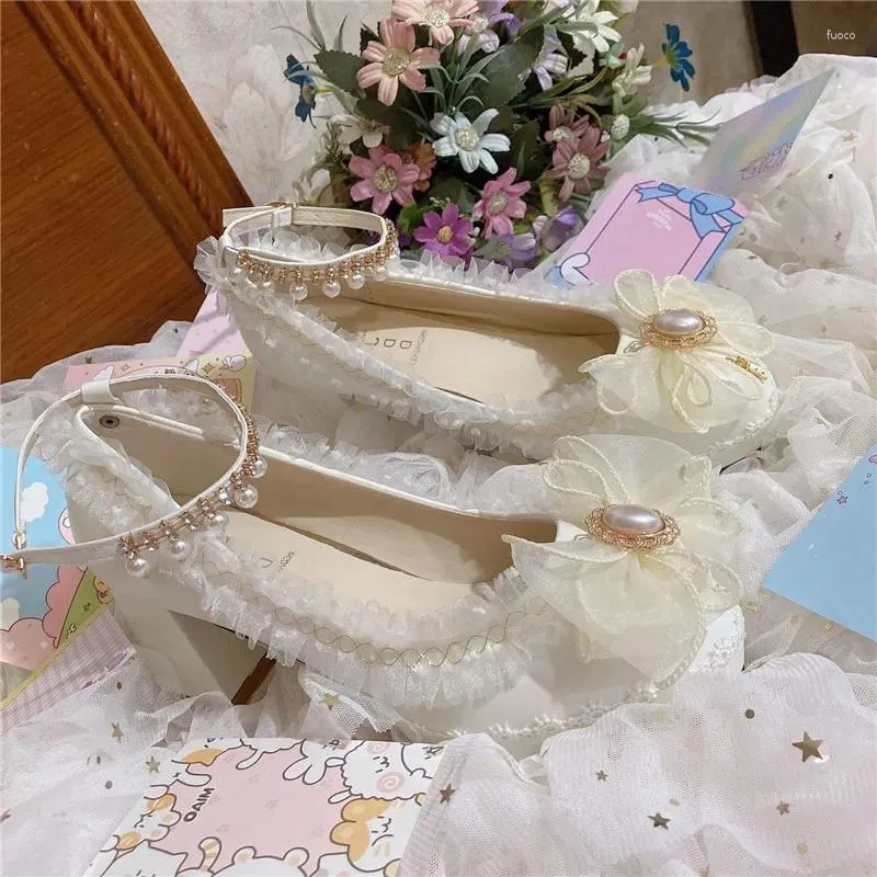 Dress Shoes Princess Sweet Loli Girls Pearl Kawaii Tea Party Japanese Ladies Anime Lolita Women Cosplay Feminine Bow Mid Heel 5cm