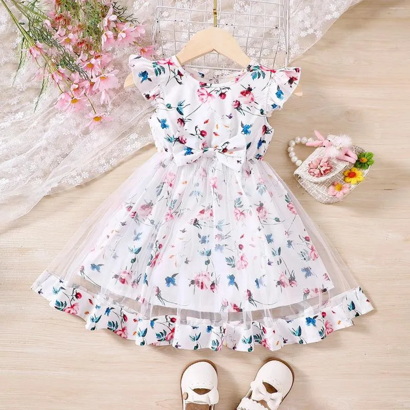 Robes de fille robe d'été pour filles belles imprimés floraux manches volantes en coton volants en tulle princesse pour tout-petits