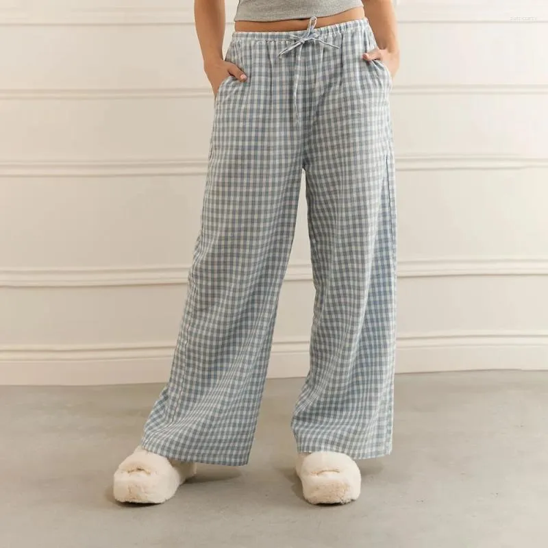 Women's Sleepwear Combhasaki Vintage Cleanfit Plaid Print Loose Lounge Pants Drawstring Waist Wide Leg Trousers With Pockets Sleep Bottoms