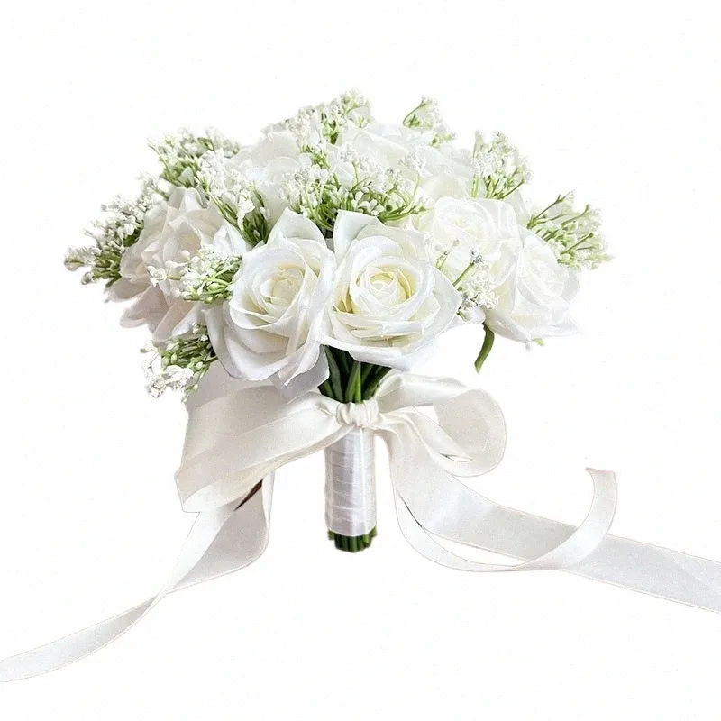 Big Wedding Bride Bouquet White Roses Artificial Silk Frs Baby Breath BRIDAL BRIDDENMIDDEN GYPSOPHILA MARIAGE ASSOCIES 24cm Z2CD#
