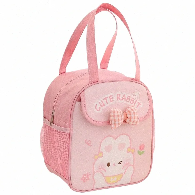 Boîte à lunch portable mignonne pour enfants rose arc rose lapin thermique sac à lunch isolé bento pochette kawaii crainer école de rangement alimentaire sac j20g #