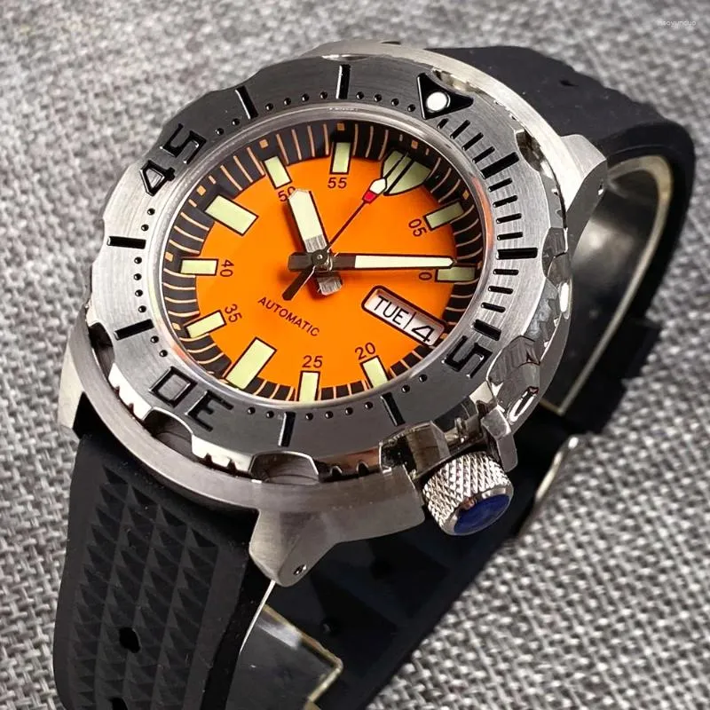 Avanadores de punho 42mm Tandorio 20Bar Japão Japão NH36A MONSTER Mens Aviso automático AR Sapphire Crystal Orange Dial 3,8