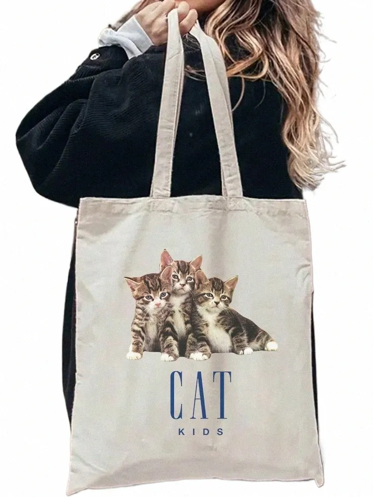 1pcs Kawaii Cat Kids Graphic Tote Bag Carrier Bag Canvas Shoulder Bag Cute Shopper Perfect For Cat Lover Gift M7H2#