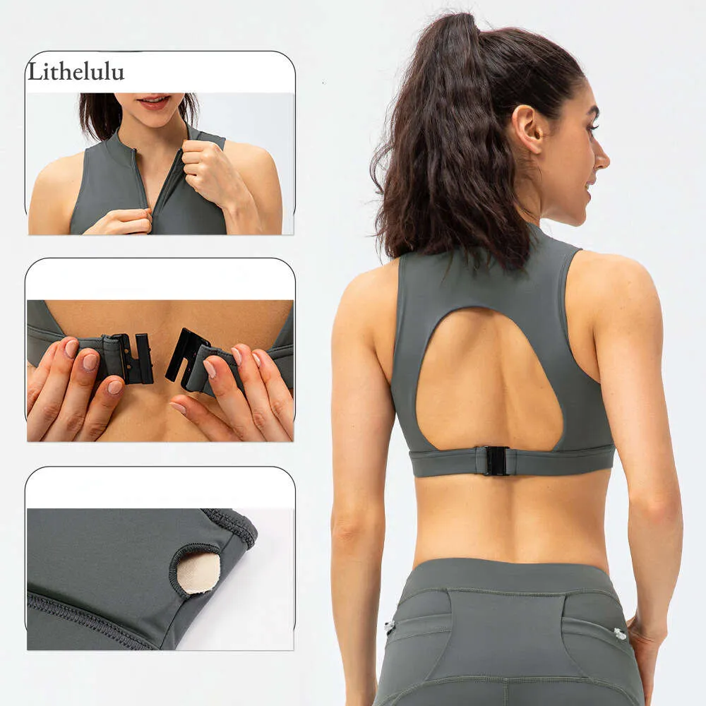 Sports Bra Lu Align Zipper Elastic Support Bh Stand Up Collar Fiess Tank Hollow Light Yoga Running Top With Chest Pads Lemon Gym Running w