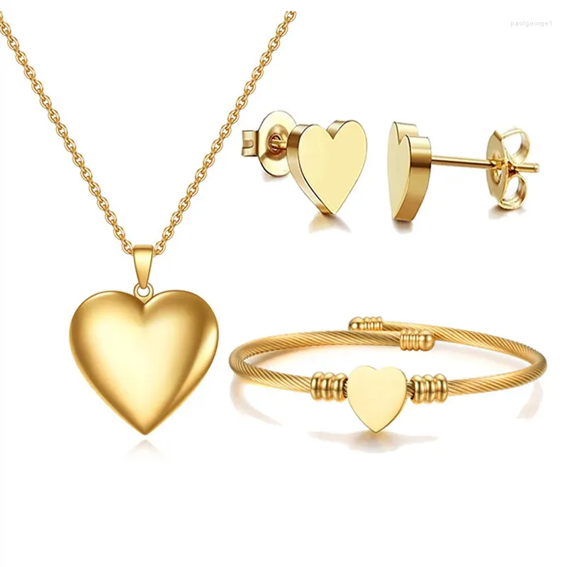 Necklace Earrings Set 316L Stainless Steel Love Heart Openable Earring Spiral Chain Bracelet Pendant Woman Wedding Jewelry