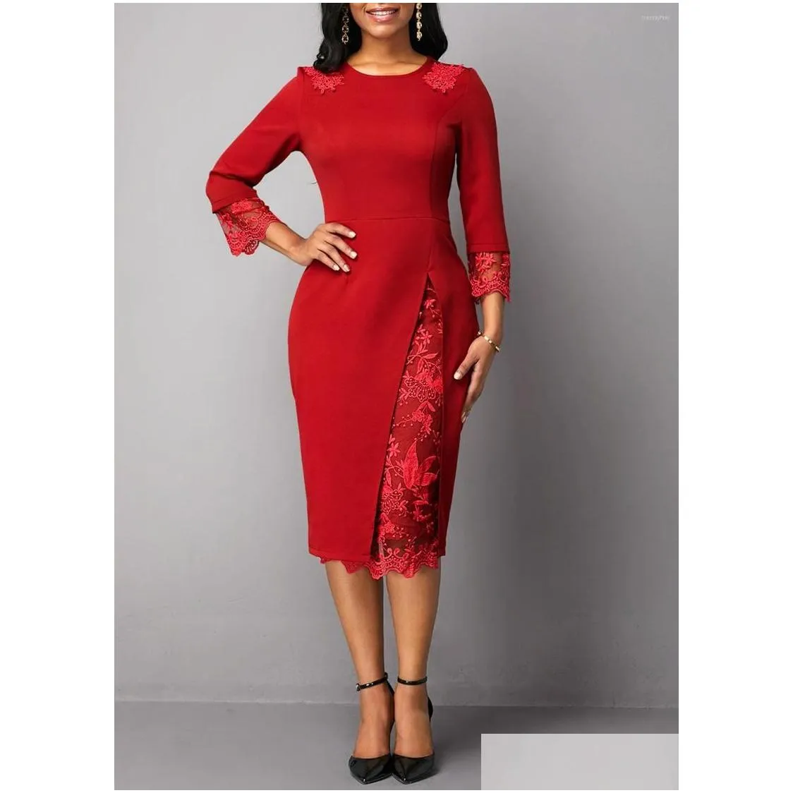 Etniska kläder Afrikanska kläder 2022 Elegant Red Dress Women Office Lady Plus Size 4XL 5XL O-Neck Bandage Bodycon Pencil Robe High Dro Dhuqt