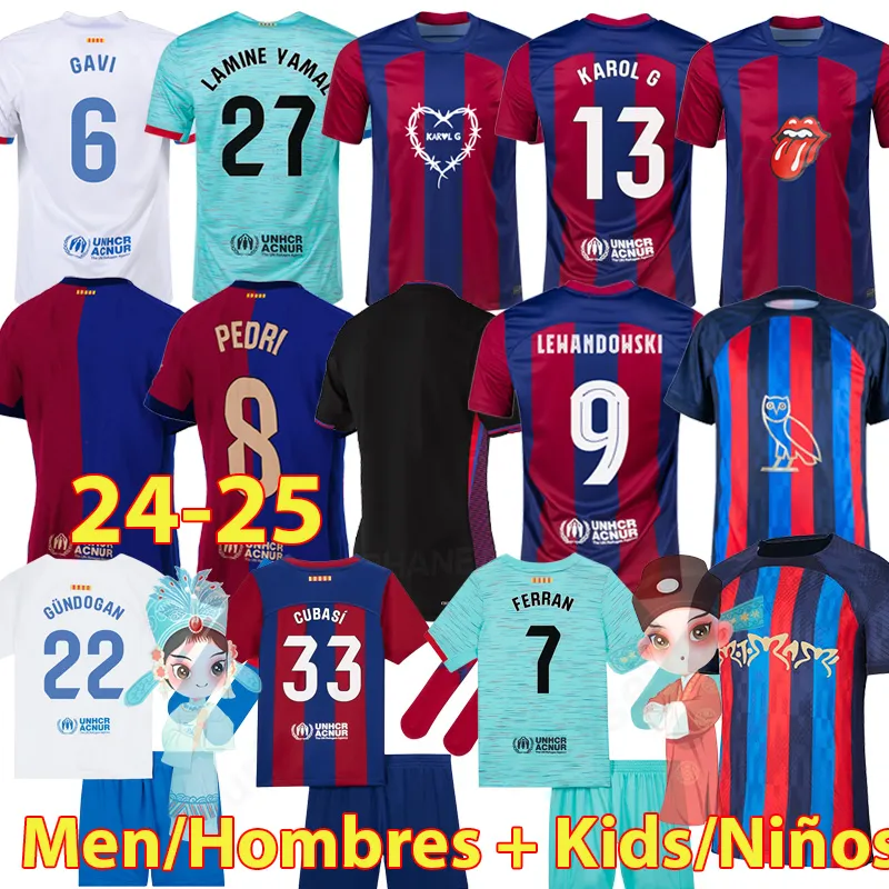 24 25 Soccer Jerseys 2024 Pedri Lewandowski ANSU FATI GAVI FERRAN RAPHINHA GUNDOGAN CAMISETAS de Football Shirt F. De Jong Dembele Barcelonas Football Shirt Kids 02
