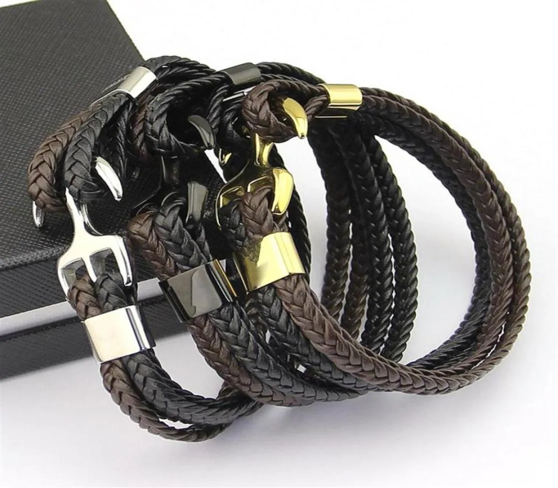 316L Stainless Steel Anchor Skull Genuine Braided Woven Leather Bracelet Flat316r3484613