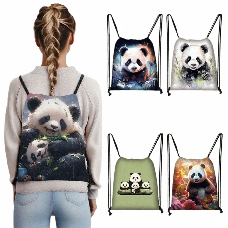 cute Panda Drawstring Bag for Girls Travel Storage Package Carto School Backpacks Children Bookbag Kids Shoes Holder Gift 29m1#