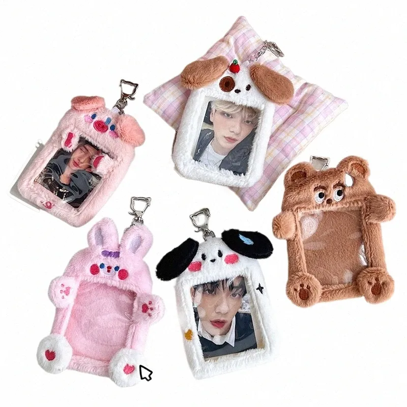 ID Credit Protector Statiery Carto Bear Rabbit Plush Photocard Holder Kpop Idol Photo Holder Girl Cute Keychain X89s#