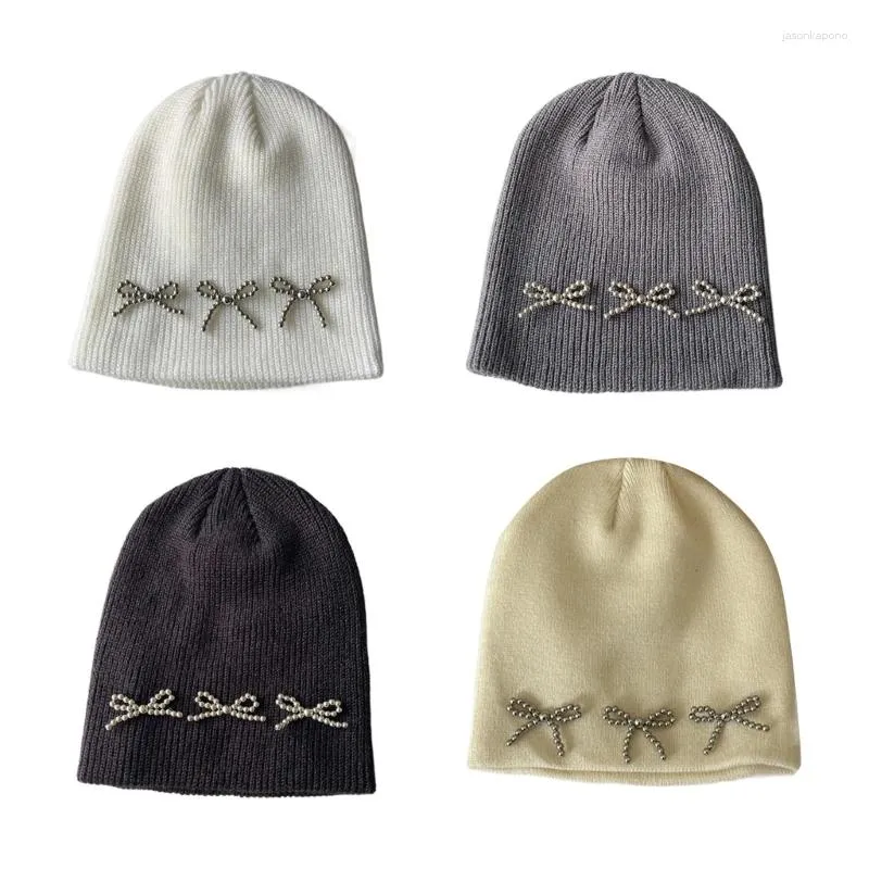 Basker beanie hattar vinter stickad mjuk varm skidhatt höstskalle avslappnad virkning pärlstav bowknot