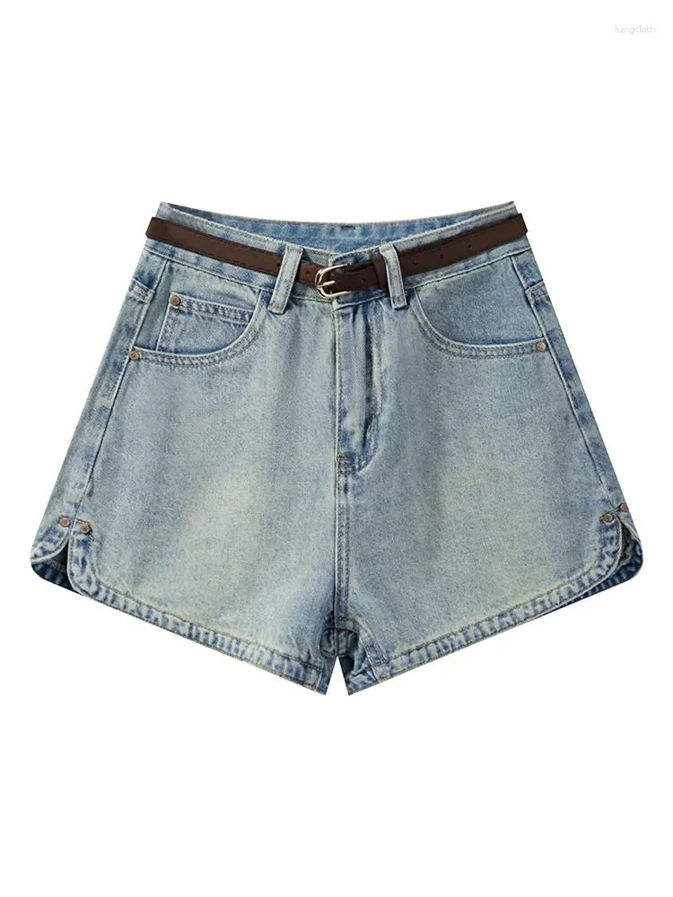 Dames shorts vntage spleet denim voor vrouwen riem hoge taille losse veelzijdige korte jeans zomer 2024 vrouwelijke mode casual broek