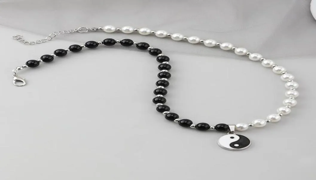 Chokers Round Pearl Beads Yin Yang Taichi Pendant Stainless Steel Chain Unisex Necklace Couple Jewelry Women Mens6204012