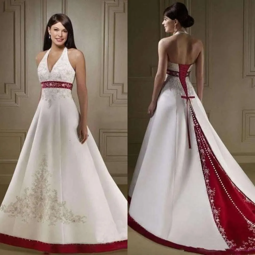 Satin Vintage rot weiß eine Linie Kleider Kleider Halfter Flecken Perlen Stickerei Schnürung Rücken Court Country Hochzeitskleider