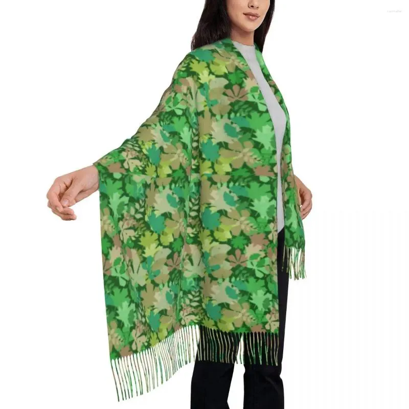 Lenços folhas verdes lenço lenço folhoso floresta impressão de floresta com longa borla de outono shawl casual envoltório externo