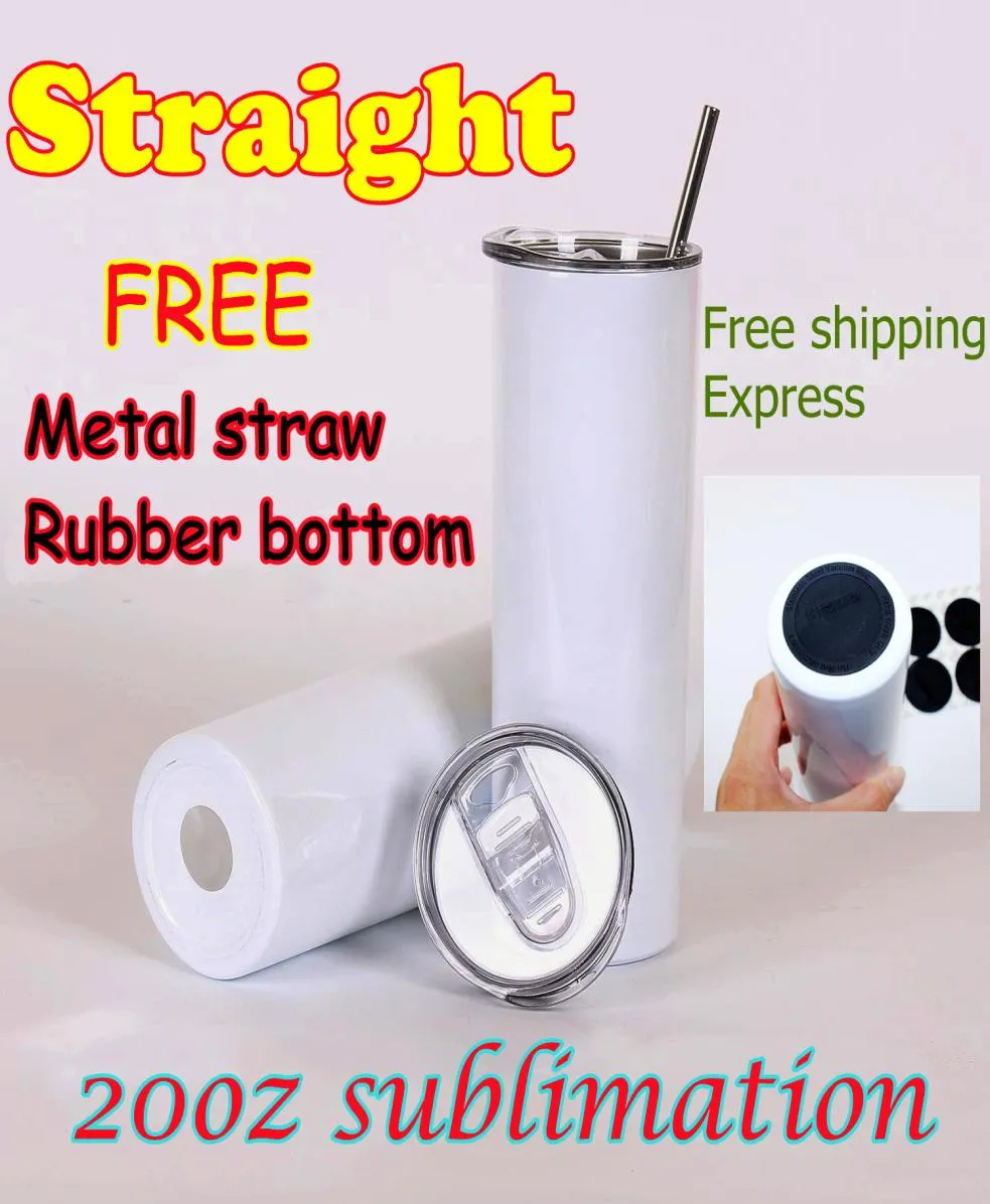 20oz Sublimation straight Skinny Tumblers metal straw and rubber bottoms Stainless Steel Cups Vacuum Insulated Car Coffee Mug Wate7977396