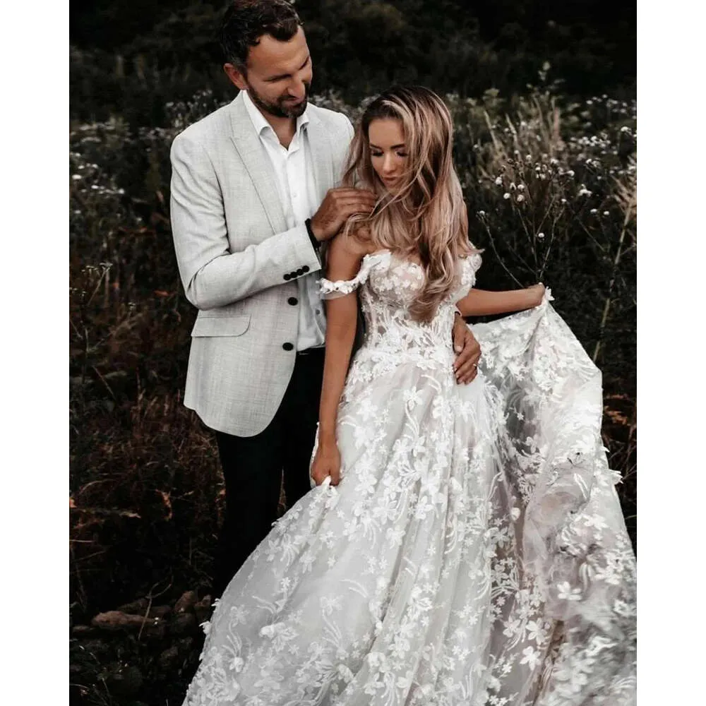 Robes de mariée boho robe nuptiale de l'épaule Strpas Tulle en dentelle applique train Train sur mesure de jardin de taille plus taille Vestidos de Novia 403