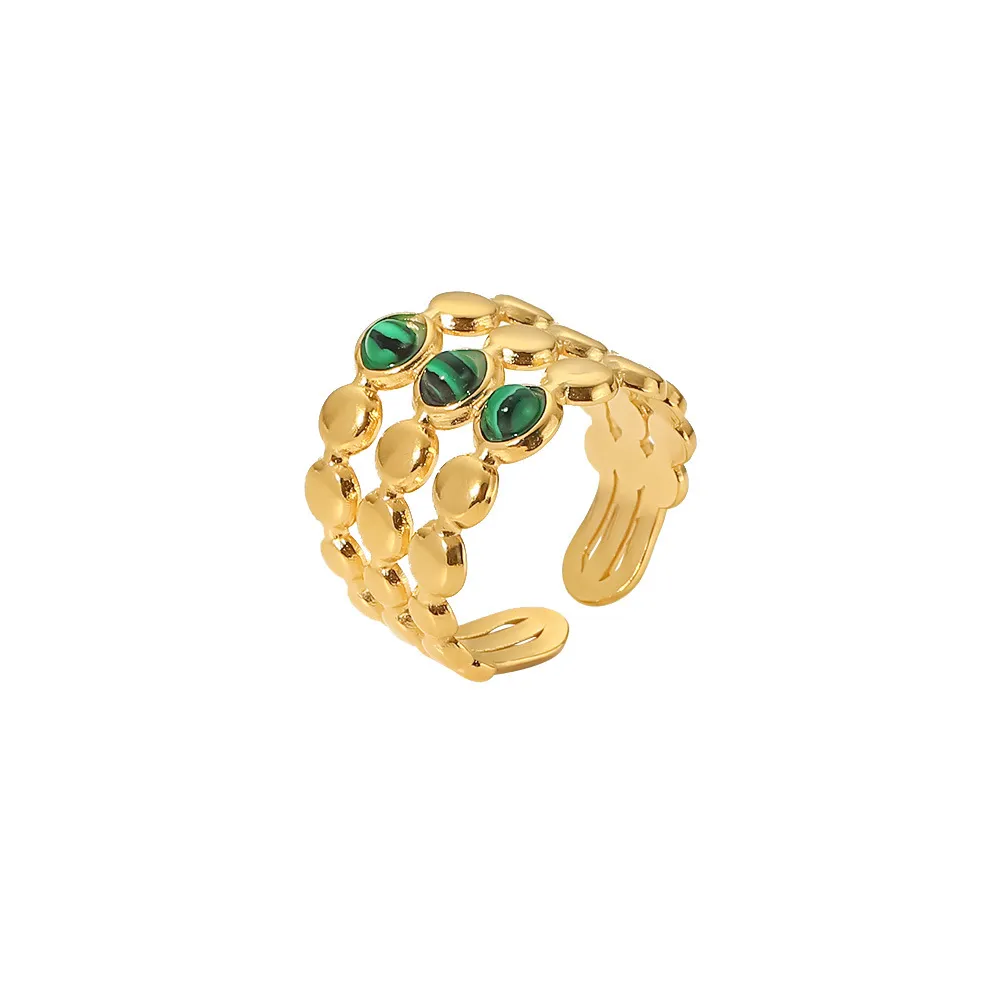 INS Internet Celebrity Ring com o mesmo estilo, 18k Gold Set com anel de pedra verde de pavão, anel aberto de aço inoxidável, acessório de anel