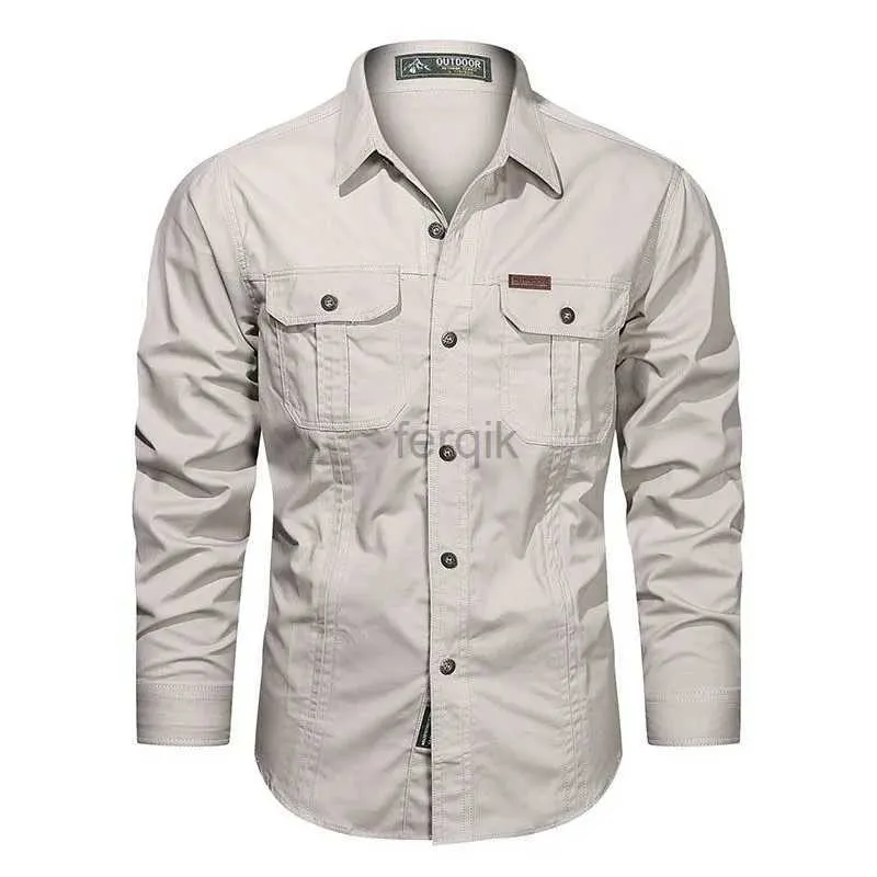 Mäns casual skjortor Mens Long Sleeve Cotton High Quality Multi-Pocket Camisa Militar Over-Trant Brand Clothing Cargo Work 24416