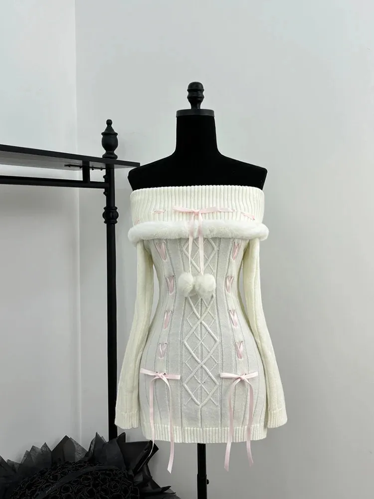 Korean Winter Women's Fairy Knit Shoujo shrug dress with Slash Neck and Frock - Y2K Cozy One-Piece Gyaru Coquette for Party and Evening (2000s Style)