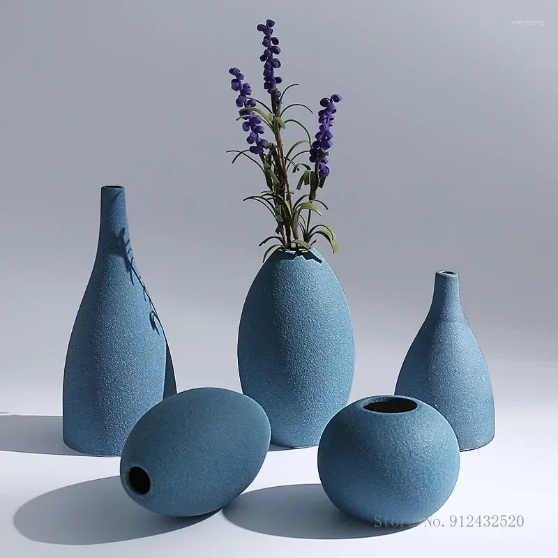 Vase Nordic Creative Ceramic Blue Frosted Art Flower Arranch Home Bedroom Living Room Office Geometric Shape Vase Decor 1PC