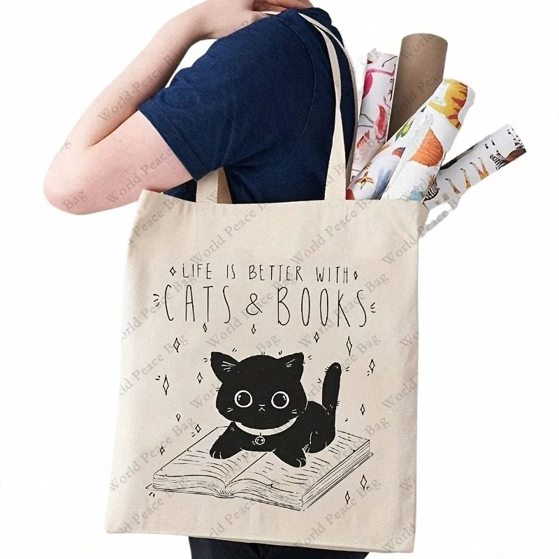 Кошачья и книжная паттерна Canvas Shop Sack, Петовая печать портативная сумка для плеч, сумка с большой пропускной способностью для повседневной жизни M4VP#