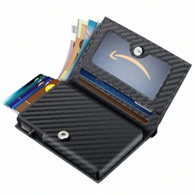 carb Fiber Genuine Leather Aluminum Alloy Card Holder Multi-functial RFID Anti-theft Swipe Card Holder for Men k9GW#