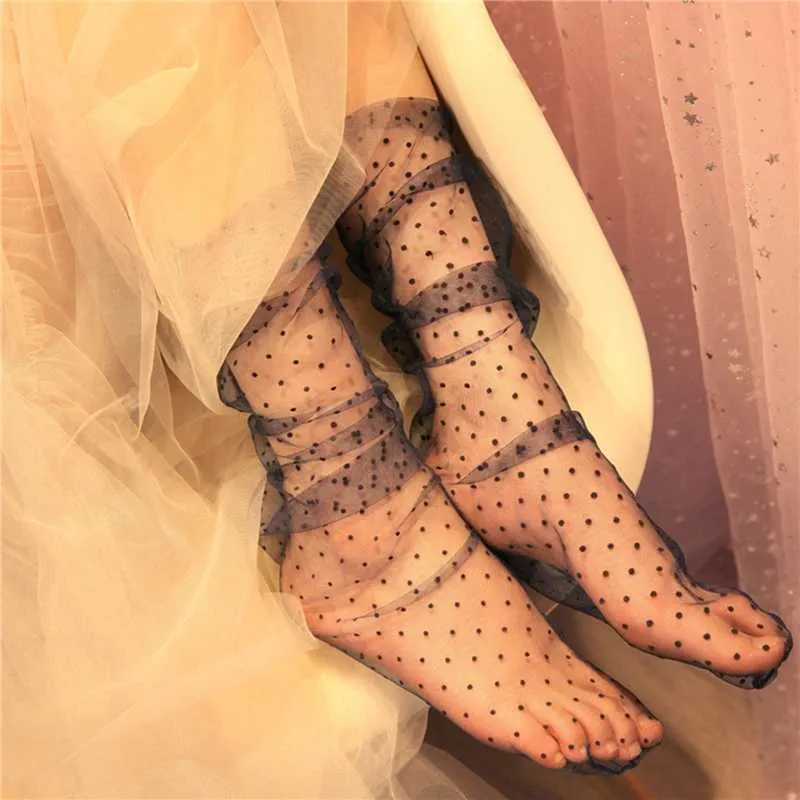 Calcetines sexys Sexy Dot Lace Socks Mujeres de malla transparente Calcetines de tobillo Damas de princesa ultra delgada Tulle Tul Femenina 240416