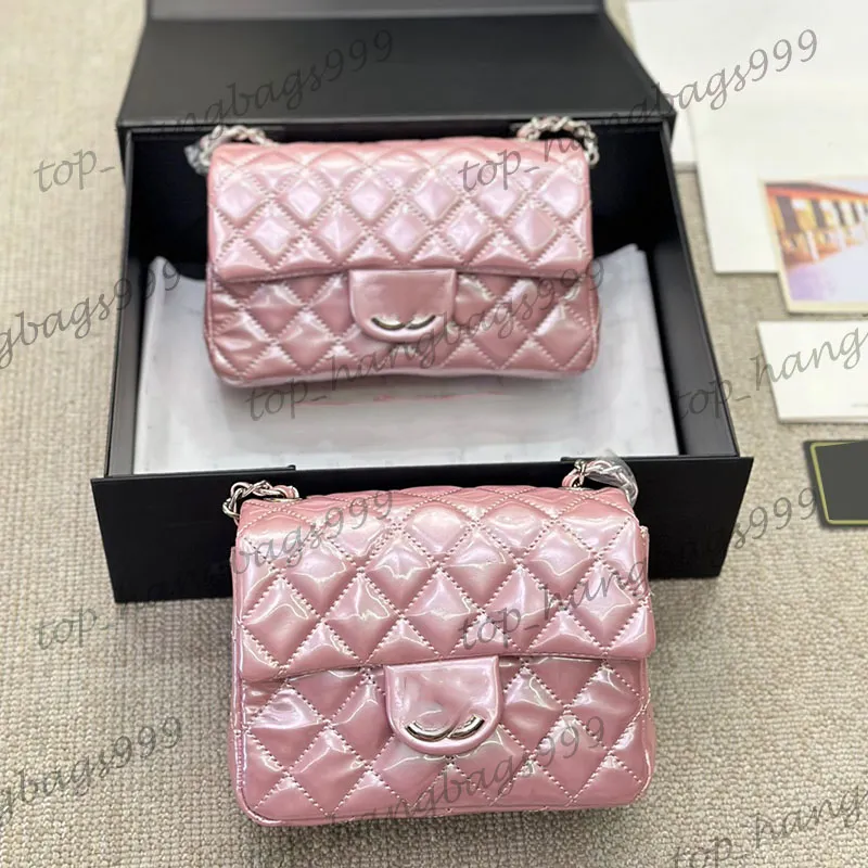 Womens Vintage Patent Leather Classic Mini Flap Square Quilted Bags Silver Matelasse Chain Crossbody Handbags Diamond Lattice Pink Black White Purse 18CM 20CM