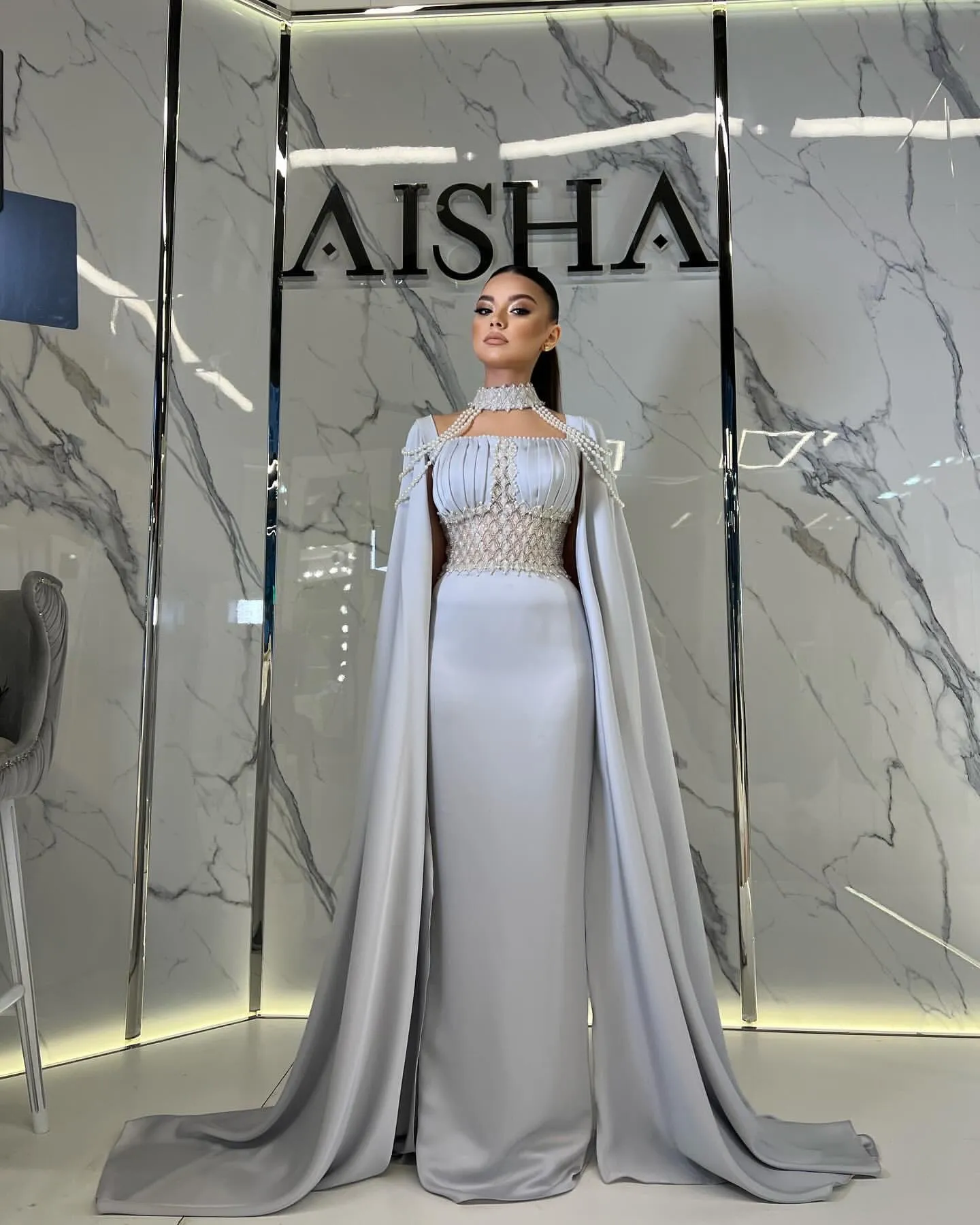 gray empire waist formal dress EVELYN DRESS IN BLUE – AndreaAlmeida main image 1
