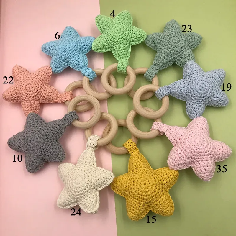 Baby Rattle Bells Crochet Knitted Star Baby Play Gym Baby Teething Wooden Ring Teether Pendant For Kids Gift Toys