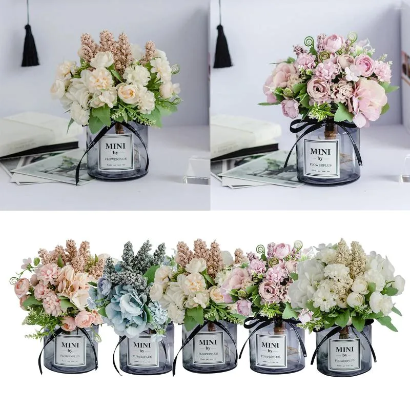 Flores decorativas de seda buquê artificial de champanhe com vaso de casas de casamento de casas de casas de casas de casamento decoração de flores falsas