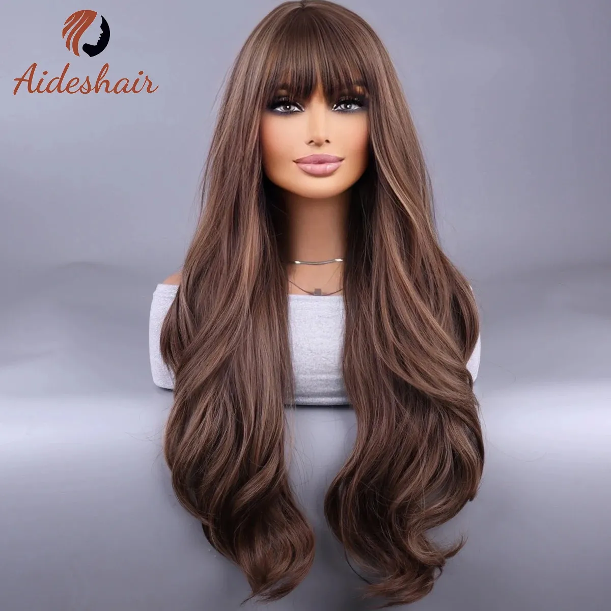 Wig bangsBrown curly hair wig with bangs natural realistic full head cover 240407