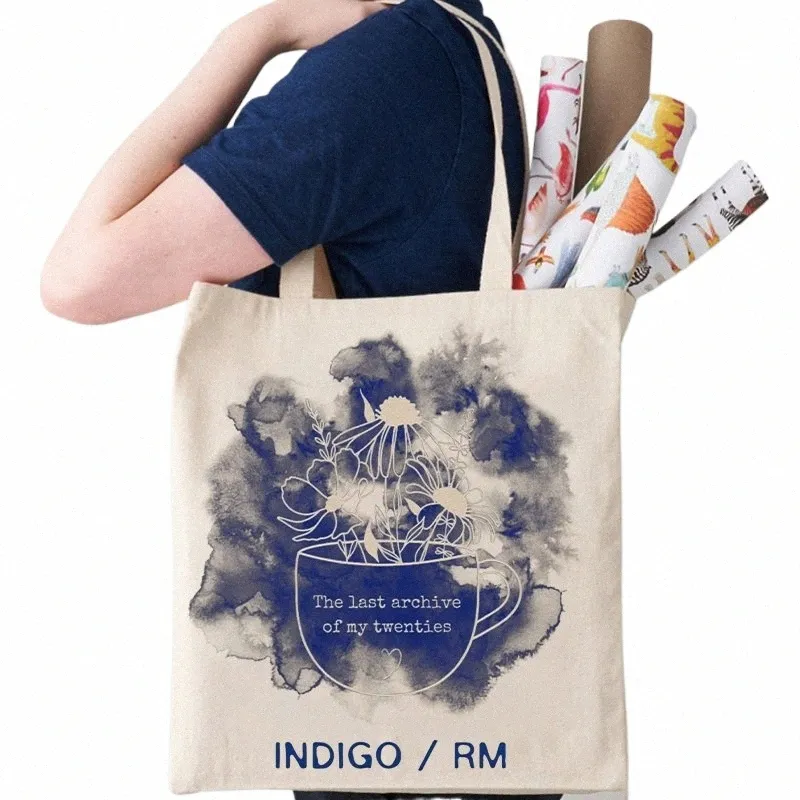 Indigo RM Aesthetic Shop Bagetes TOTES Large Shopper Namjoing Tote Bag Canvas Tote Bag Shop Eco Friendly Art S4B4＃