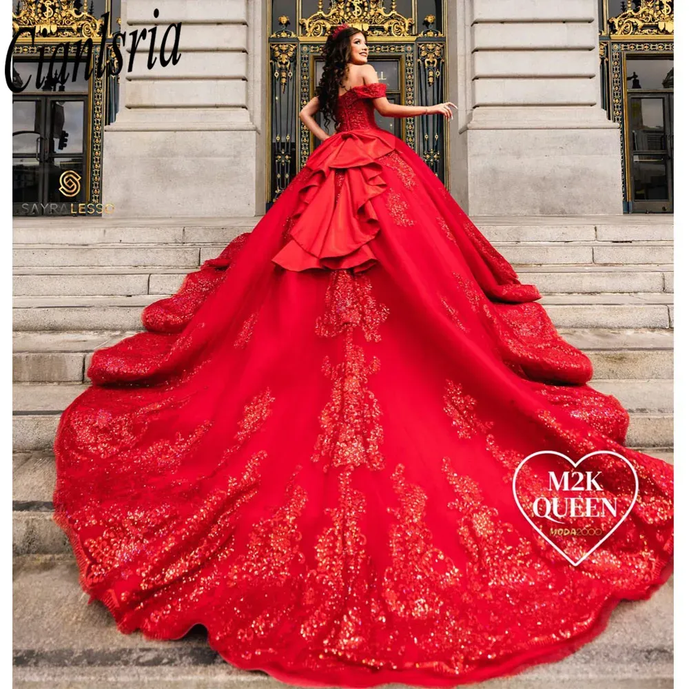 Sparkly Red Ball Jurk Quinceanera jurken 2024 Lace Appliques kralen zoete 16 jurk van de schouder verjaardagjurk