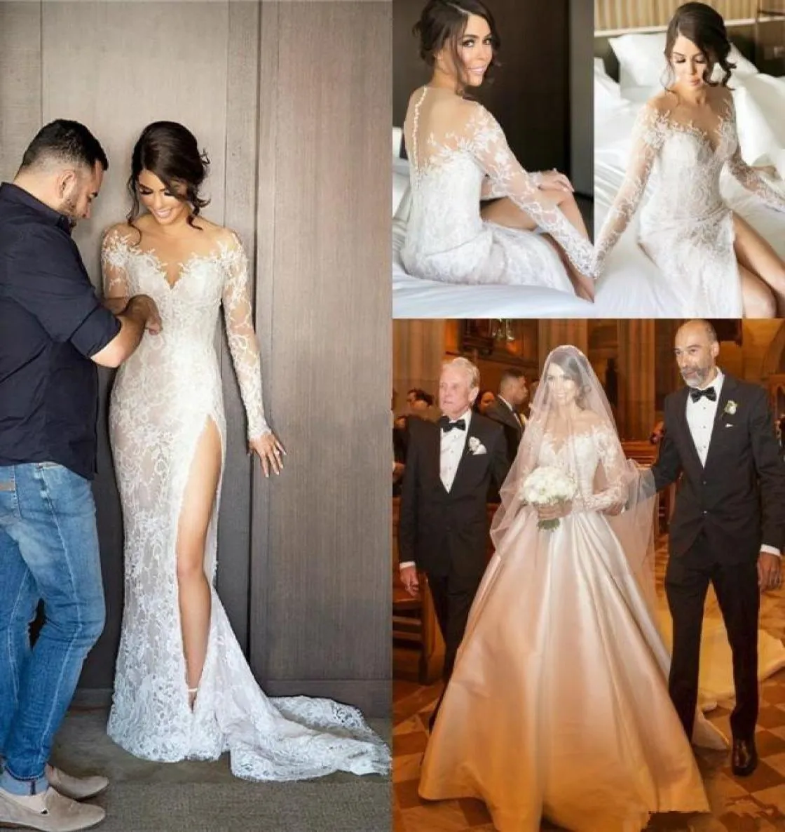 2019 Full Lace Mermaid Wedding Dresses Two Piece Long Sleeves Formal Bridal Dress with Löstagbar tågsida Split Wedding Party G9006186