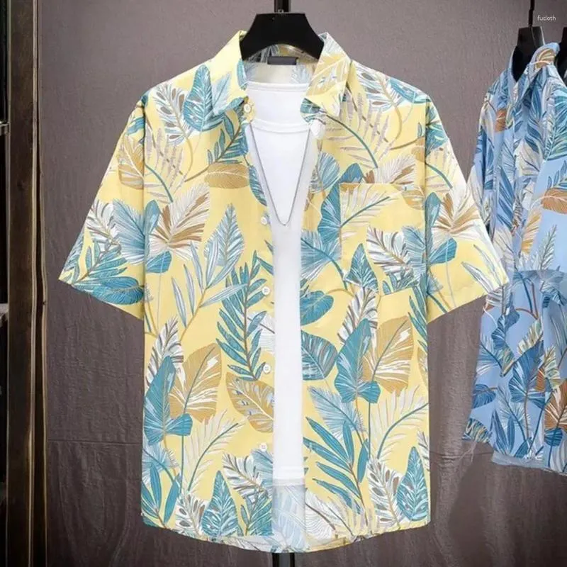 Men's Casual Shirts Loose Fit Men Shirt Tropical Style Leaf Print With Quick Dry Technology Breathable Fabric For Vacation