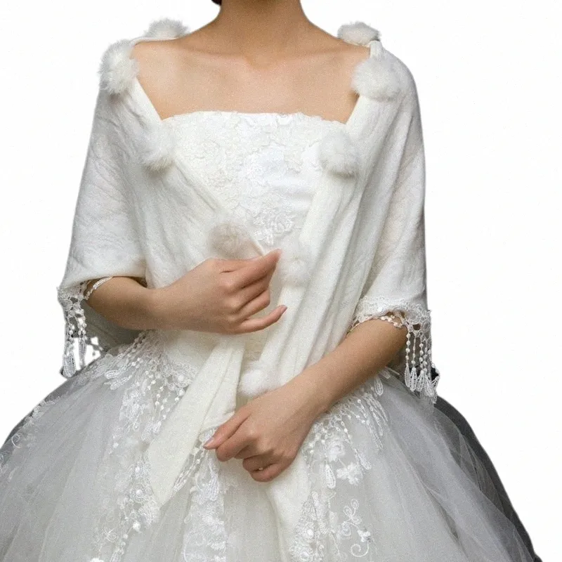 bridal Wraps Shawls Winter Triangular Wedding Jackets Women Pompom Tassel Shrug g496#