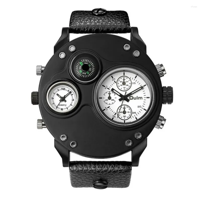 Wristwatches Fashion Oulm Top Brand Hp3741 Unique Men's Two Time Zone Quartz 3d Big Dial Casual Male Sport Compass Watch Relogio Masculino