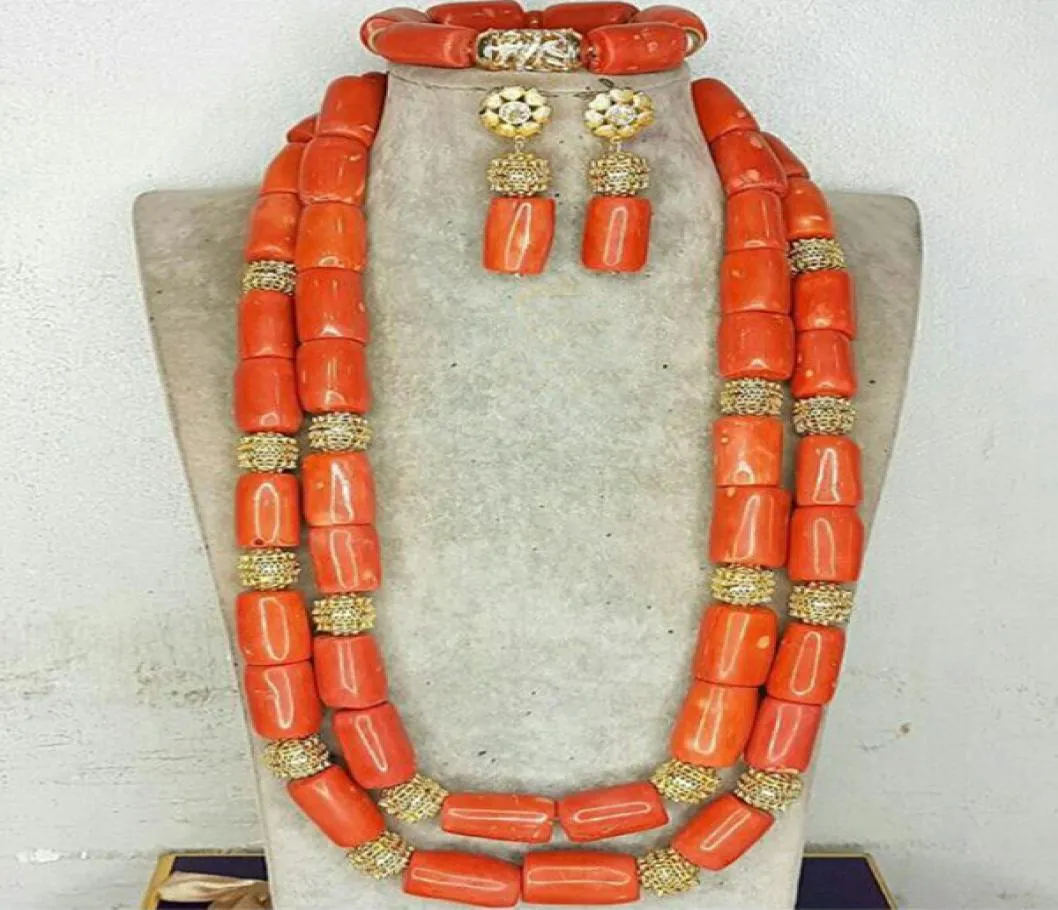 Nigeria bruiloft sieraden handgemaakte Handmade originele koraal Afrikaanse kralen sieraden set goud Dubai dames kostuum sieraden set koraalfeest ABG8 222405302