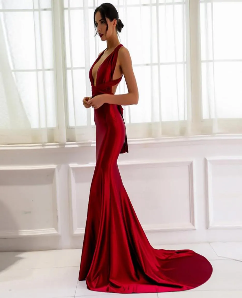 Simple Burgundy Cross Back Mermaid Prom Dress Tied Ribbon Sashes Sheath Sexy Formal Maxi Gowns Vestidos de Noiva Red Carpet Gown7031668