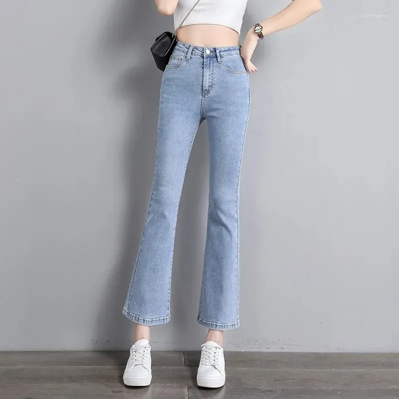 Kvinnors jeans Vår/sommar hög midja stretch Slim Flare Pants Casual Skinny Denim Trousers Ankle-Length Streetwear