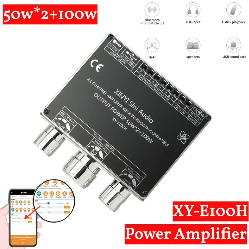 Amplificador E100H E100L Bluetooth 5.1 2.1 canal Power Audio Stéreo Subwoofer Board TPA3116D2 50WX2+100W NOTA DE BASS AMP AMP