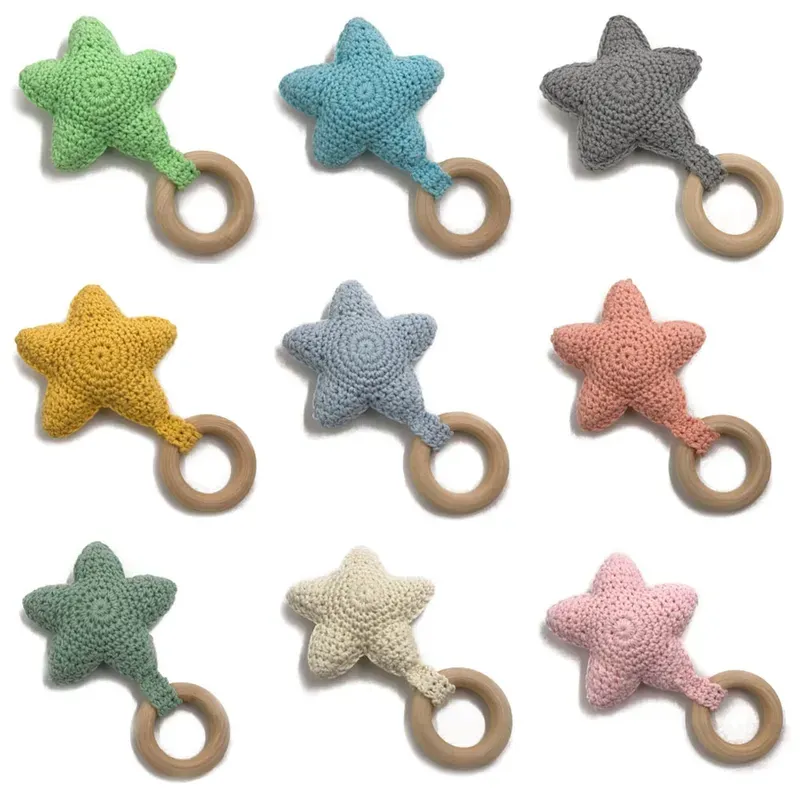 Baby Rattle Bells Crochet Knitted Star Baby Play Gym Baby Teething Wooden Ring Teether Pendant For Kids Gift Toys LL