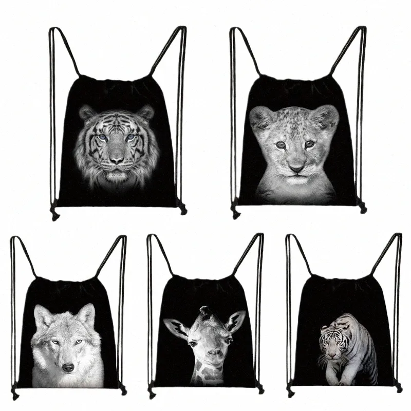 Black White Wild Animaux Imprimé Sac à crampons Men Sacs de rangement Boys Tiger Li Wolf Backpack Teenager Bag Bookbag 34UQ #