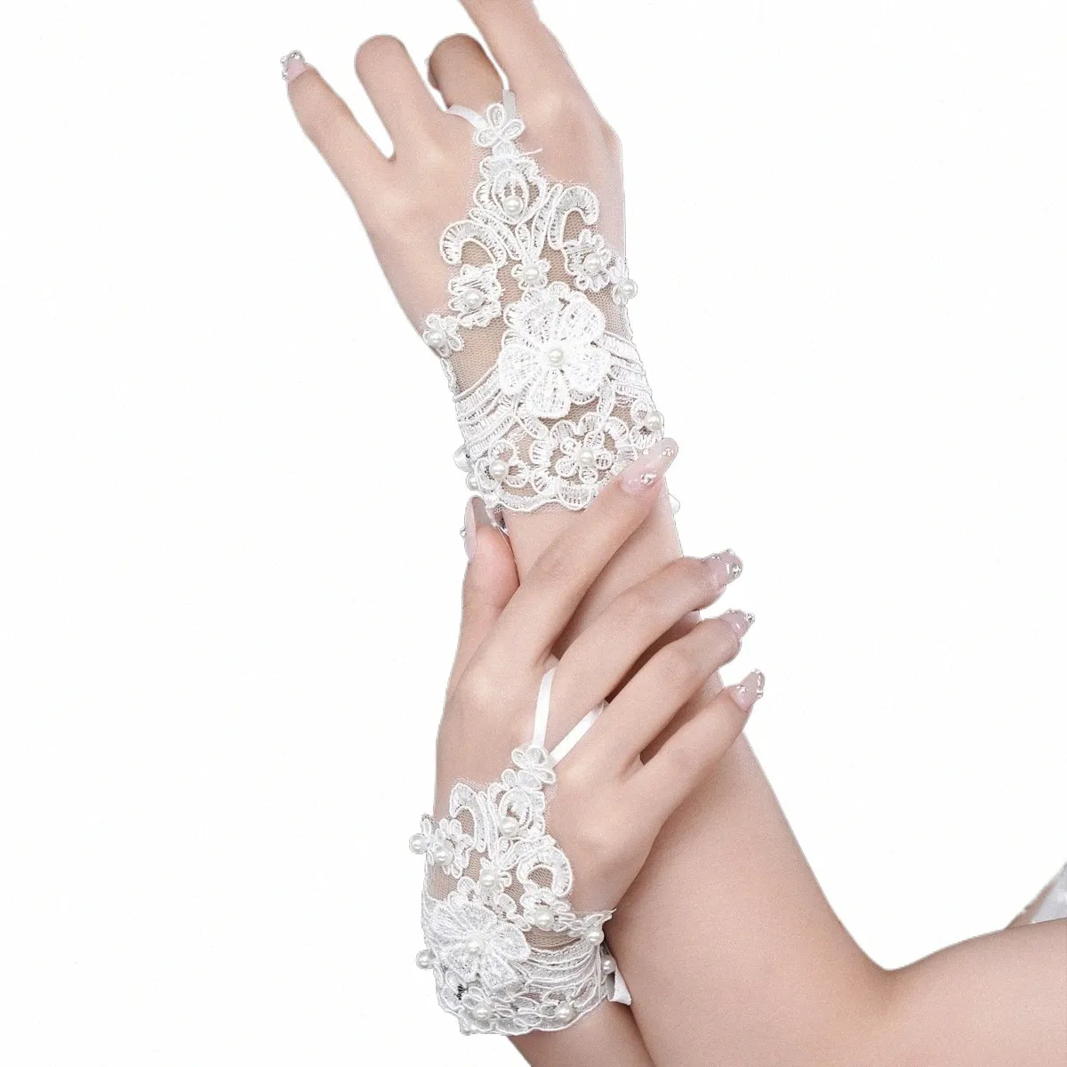 elegant Beaded Lace Short Bridal Gloves Fingerl Wedding Gloves White Ivory Wedding Accories Veu De Noiva for Women N4U6#