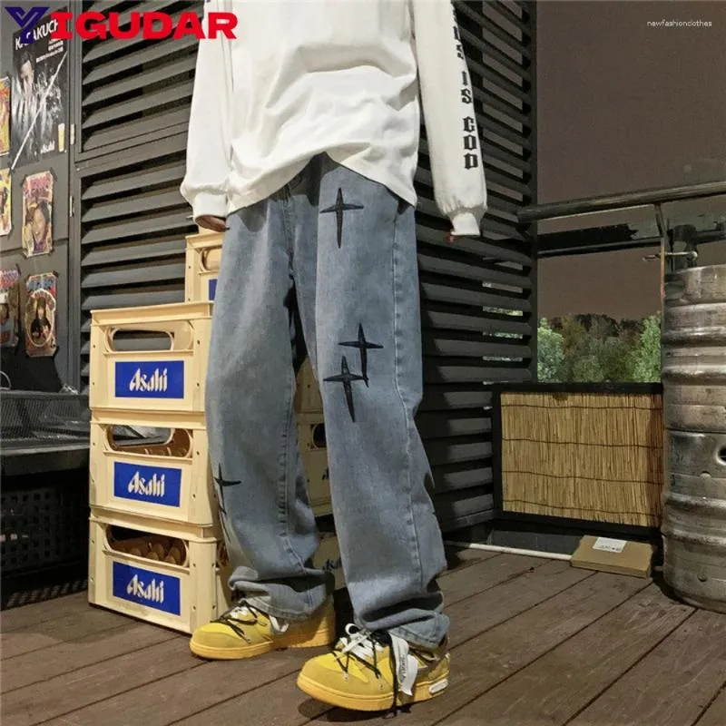 Men's Jeans Y2k Punk Denim Pants Men Harajuku Cross Print Color Fashion Casual Baggy Male Straight Trousers Multi-Pockets Streetwear