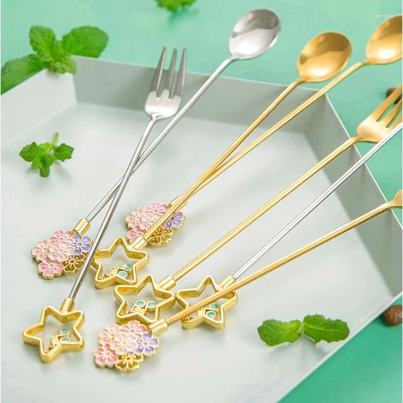 Kaffescoops Cherry Blossom Spoon Fork Creative Star Pentagram Ice Cream Fruit Dessert Teskoon Scoop Spoons Tablar Bestick